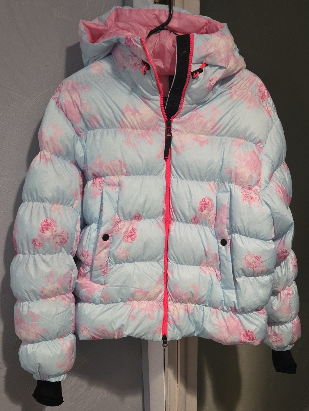 LoveShackFancy Light Blue Floral Puffer Jacket with Pink Accents